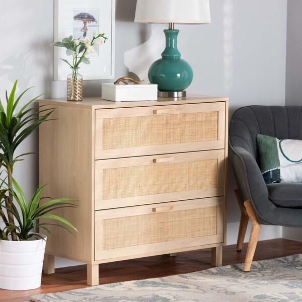 Baxton Studio Sebille Mid-Century Modern Light Brown Finished Wood 3-Drawer Storage Chest with Natural Rattan 207-12464 - main